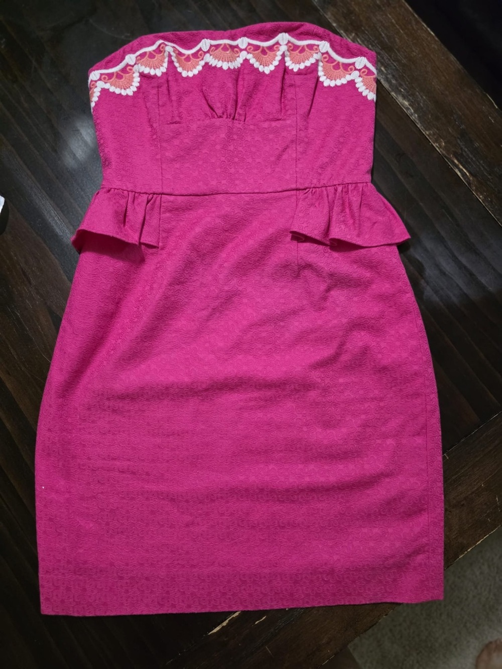 Lilly Pulitzer Hot Pink Strapless Peplum Sheath Dress with Embroidered Trim